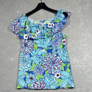 Lilly Pulitzer Top Womens S Blue Floral Wynne Casual Short Sleeve Off Shoulder